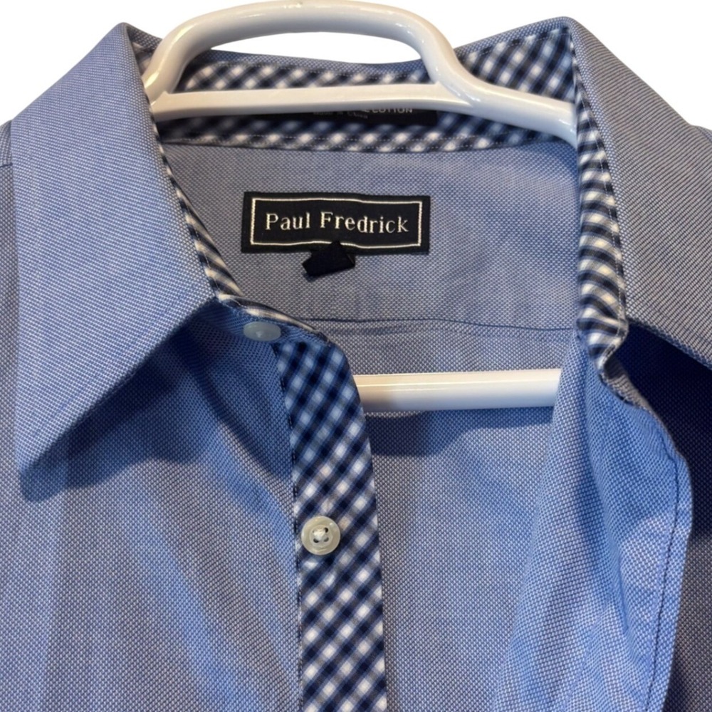 Paul Fredrick Mens Blue Cotton Dress Shirt Gingham Trim 17-33 Long Staple Cotton